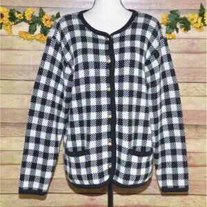 Liz Baker Ladies L Houndstooth Black Check Cardigan Sweater Gold Buttons Vintage